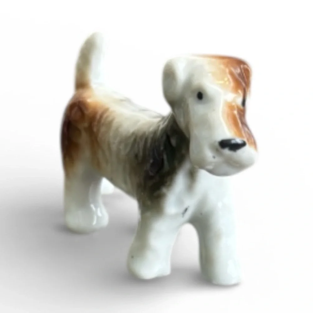 Vintage Porcelain Dog Brown 1930s 1940s White Terrier Dog Figurine